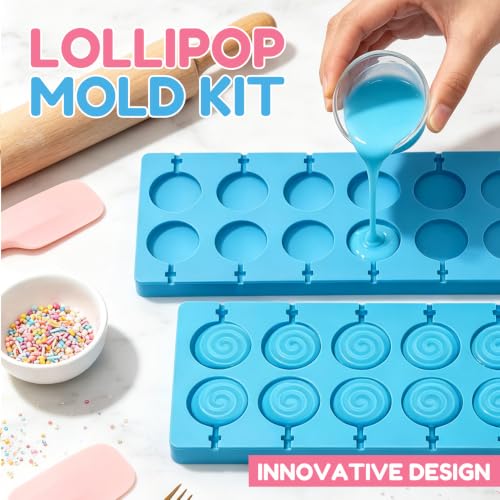 12 Capacity Blue Silicone Lollipop Molds,Hard Candy Chocolate Sucker Mold with 20pcs Bags,20pcs Gold Ties - color: A