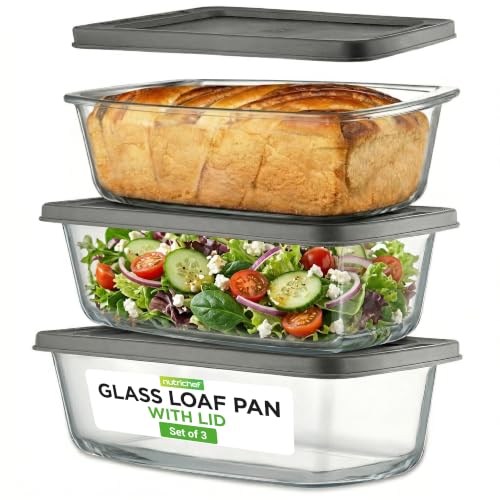 NutriChef 6 Piece Glass Loaf Pans for Baking Bread - 7.6 Cups Stackable Glass Bread Loaf Pan - 3 loaf Pan with 3 Lids - Oven & Microwave Safe, Dishwasher Safe - Clear - size: 3 Piece Set