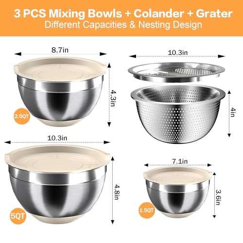 Nicdiet Mixing Bowls with Airtight Lids, Stainless Steel Mixing Bowl Set with 3 Metal Nesting Bowls, Colander & Grater, Non-Slip Bottoms, Size 1.5, 2.5, 5 QT, Great for Mixing & Serving, Khaki - color: Khaki