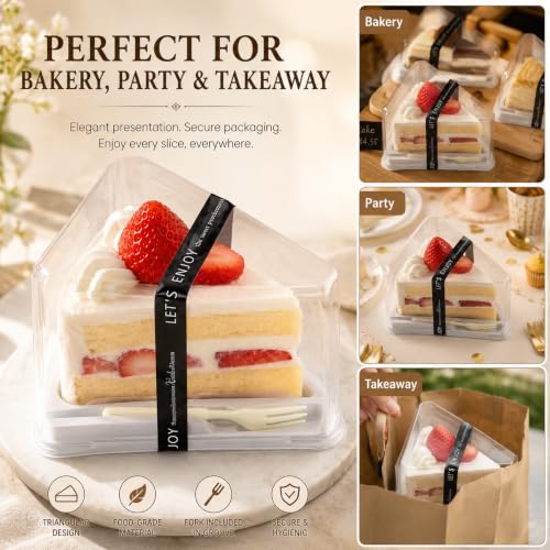 50 Pieces Cake Slice Plastic Containers with Disposable plastic fork and Stickers,5.7 Inches Hinged Lid Cheese cake Container,Cupcake containers,individual cupcake containers, Bakery and Cafe