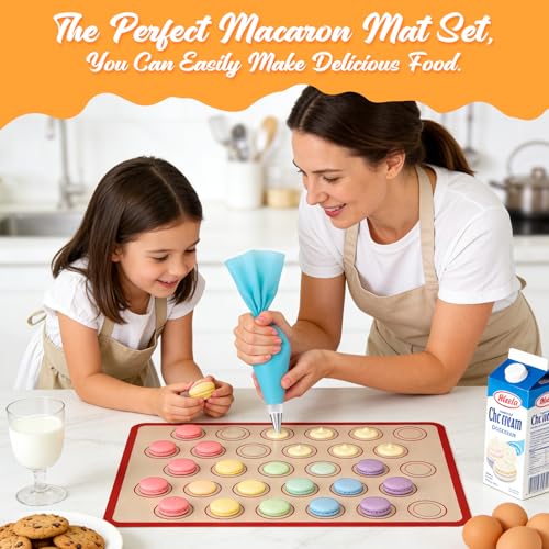 Macaron Silicone Baking Mats, 2 Nonstick Macaroon Mat Silicone, 7 Piping Tips, 2 Piping Bags, 2 Bag Ties, 2 Couplers, 1 Puff Tip, 1 Brushes, 17 Pcs Macaron Baking Kits for Macarons Cookies - color: Red