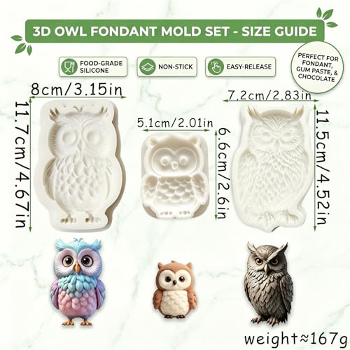 3Pcs 3D Owl Silicone Mold Set, Woodland Bird Fondant Baking Molds - color: Owl silicone mold