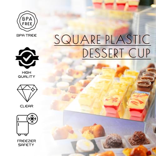 Jnnzzggu 100Pcs 3.5 oz Mini Dessert Cup with Spoons,Square Plastic Dessert Cups,Clear Parfait Appetizer Cup for Ice Cream,Birthday,Parties,Jellies,Nuts,DIY,Wedding - size: 100pcs 3.5oz