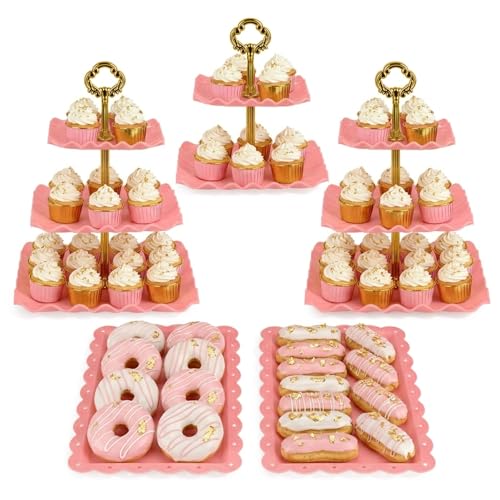 NWK 5-Piece Cupcake Stand & Appetizer Trays Set (Square, Pink) - color: Pink