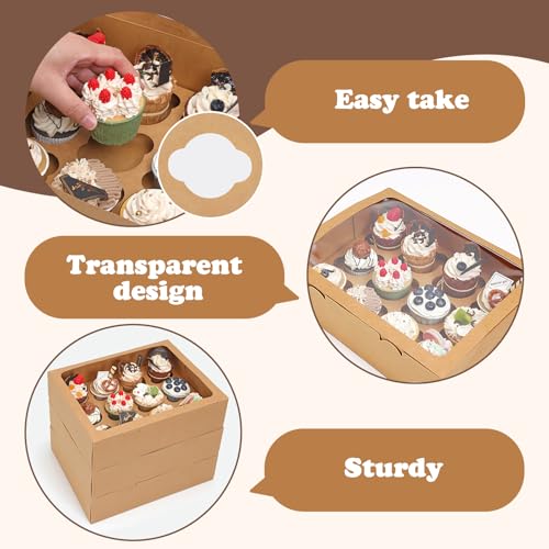 Moretoes 7pcs Cupcake Boxes, 12 Count Cupcake Containers with Window&Insert - color: Brown