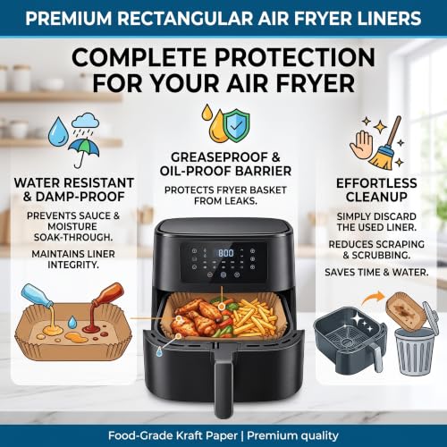 Air Fryer Liners Disposable Rectangular. 125pcs Virgin Pulp Parchment Paper for 4qt-8qt Air Fryer.Food Grade,Non-stick, Oil-proof & Heat Resistant for Baking,Microwave,Cooking & Deep Fryer Accessories