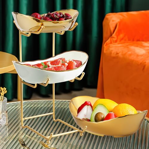 3 Tier Fruit Basket, Ceramic Fruit Bowl for Kitchen Counter 2 - color: Gold&White, size: Small
