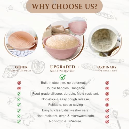 4Pcs 9" Silicone Banneton Bread Proofing Baskets with Dual Handles - color: Pink,Beige,Blue,Green - 9'' Round