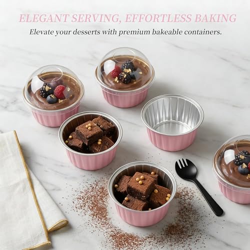 100-Pack 5 oz Pink Mini Cake Pans with Lids, Disposable Aluminum Foil Baking Cups, Muffin Tins, Ramekins for Cupcakes, Brownies, Flan, Pudding - Wedding, Birthday,Baby Shower, Princess Party - color: Pink
