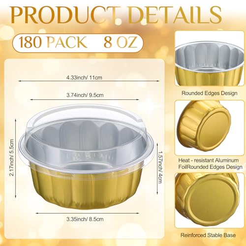 Gejoy 180 Pcs 8 oz Aluminum Foil Cup with Lids Disposable Ramekins with Lids Disposable Creme Brulee Cups Box for Wedding, Christmas, Party Dessert, Restaurants, Retail Stores(Gold) - color: Gold