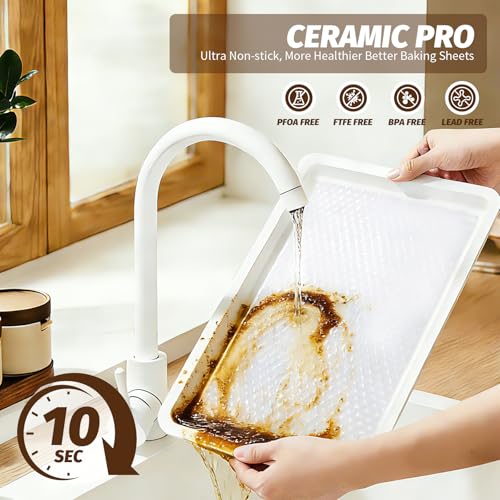 Nonstick Ceramic Baking Sheet With Rack, 2-Pack 15x10 Jelly Roll Sheet Pan, Non-Toxic, PTFE & PFOA Free, Warp-Free, Oven Safe 550°F, Dishwasher Safe, Aluminized Steel, Gray Yellow - size: 2-Pack Medium 10" x 15"