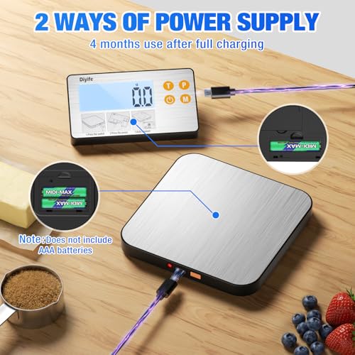 Diyife 33lb Digital Kitchen Food Scales with Split Display, Rechargeable - color: Silver