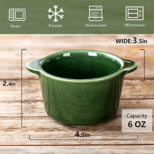 Creme Brulee Ramekins Ceramic Bowls - VICRAYS Mini Custard Cups 6 oz oven Safe Bowls Souffle Dishes for Baking Individual Casserole Dipping Sauce, Set of 6, Green - color: Green, size: 6-oz