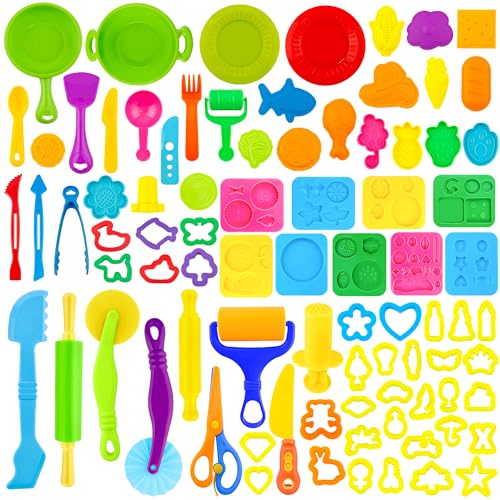 Dough Play Tools for Kids,84pcs Basic Dough Play Toys Includes Cutters,Roller,Rolling Pins,Safety Scissors,Plastic Knife,Fruit Vegetable Molds,Kitchen Tools - style: 84pcs