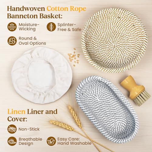 Sourdough Starter Kit with Cotton Rope Banneton Basket & Jar for Beginners