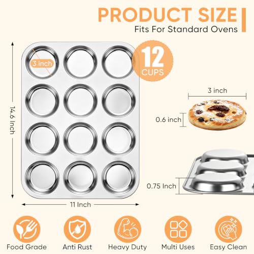 TeamFar Muffin Top Pan, 12 Cavity Stainless Steel Shallow Cupcake Pan - size: 12 Cups