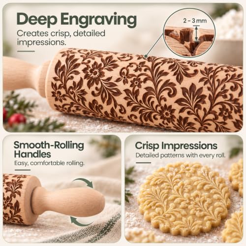 Floral Vine Embossed Rolling Pins for Cookies, Wooden Engraved Rolling Pins for Baking, Embossing Rolling Pins with Designs, Patterned Rolling Pin Decorative Springerle Mold Stamp Clay Pattern Roller - color: Floral Vine