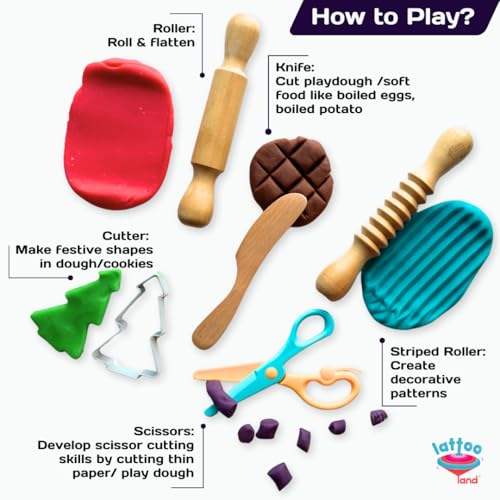 Lattooland Dough Tools Set of 5 - Sculpting Tools to Roll, Cut, Flatten | Wooden Rollers & Knife | Child-Safe Scissor | Pretend Play Kitchen | Clay Mould for Kids Ages 2-7 | Art & Craft