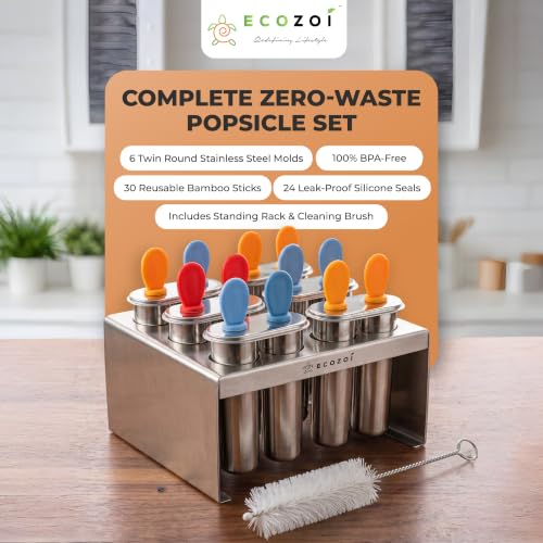 Ecozoi Stainless Steel Popsicle Molds with Rack, 6 Twin Round Ice Pop Makers, 30 Reusable Bamboo Sticks, 24 Silicone Seals, 3 oz, for Kids and Adults - size: Round-6 Twin Molds