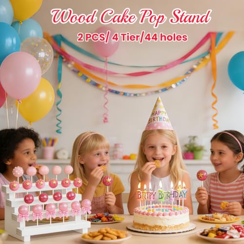 Ameuphercy 2 Pack Wood Cake Pop Stand, 4 Tier Rustic White Lollipop Holder Stand, 44 Holes Cake Candy Dessert Table Display For Wedding, Baby Showers, Birthday, Halloween, Christmas Party