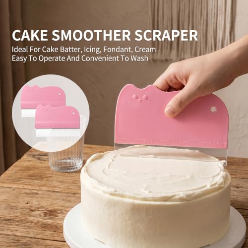 2 Pcs Cat Cake Scraper Smoother Set Flexible Plastic Cake Smoother Scraper for Buttercream Icing Cat Shaped Baking Tool for Pastry Decoration, Includes 5 Transparent Scrapers