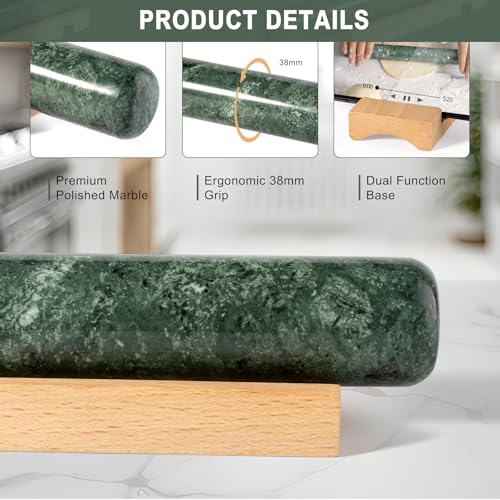Natural Marble Rolling Pin for Baking, 12inch French Heavy Dough Roller - color: 12"x1.5"-Green
