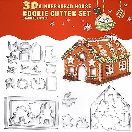 3D Christmas Gingerbread House Cookie Cutters Set, FantasyDay 28 Pcs 430 Stainless Steel Cartoon Snowflake Biscuit Cutter Pastry Mold for Holiday Birthday Cake Dough Donut Fondant - Baking Dough Tool - color: #4