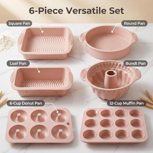 6-Piece Silicone Baking Set, Nonstick Silicone Bakeware Set - color: Pink