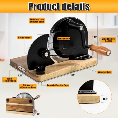 Manual Bread Slicer,Multi-Functional Foldable Hand-Cranked Bread Slicer with Steel Guard Plate and Non-Slip Base Pad Features Adjustable Thickness with Scale Lines for Even slicing Homemade(Black) - color: Black