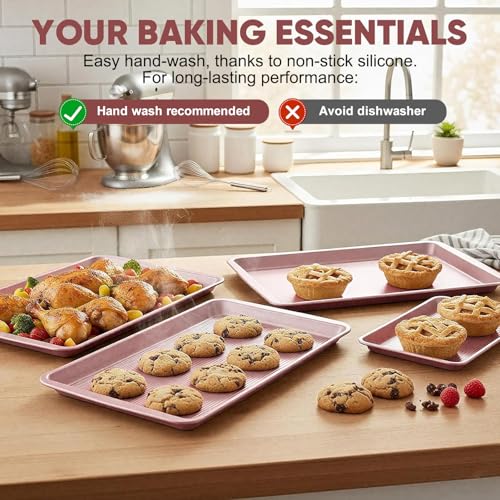 Sakerplus Nonstick Baking Sheet Set of 3, Heavy Duty Cookie Sheets for Oven - color: Pink