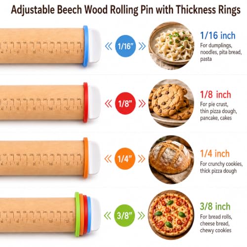 Wood Rolling Pin with Thickness Rings, 17"Adjustable Wooden Rolling Pins for Baking, Dough Roller Pins for Cookie Pastry Tools Cake Baker, Fondant Roller for Decorating Bakery Supplies Kitchen Gadgets - size: 17inch+Wood