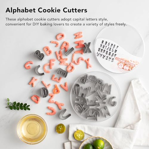 26-Piece Alphabet Cookie Cutters,Stainless Steel Letter Biscuits Cutter Set with Round Storage Box for Fondant Dough Baking