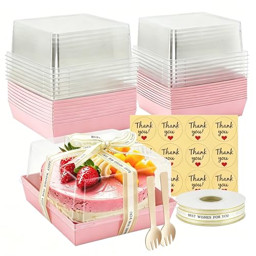 7 x 7 x 4 Inches Clear Cake Boxes for 6 Inch Cake, Paper Charcuterie Boxes with Clear Lids, 25 Pack Disposable Bakery Food Containers Large Dessert, Cupcakes,Pie,Cookies, Cocoa Bomb (Pink) - color: Pink
