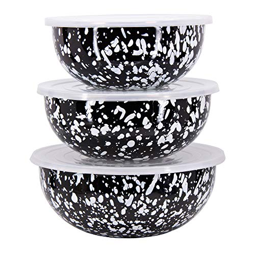 Golden Rabbit Enamelware Nested Mixing Bowls with Lids, Set of 3, Black Swirl - color: Black Swirl