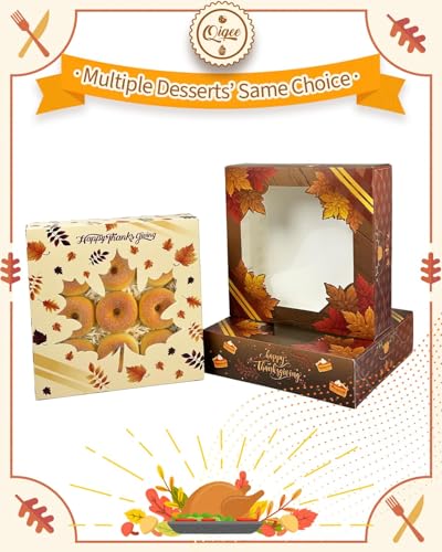 qiqee Thanksgiving Pie Boxes with Window 10x10x2.5 Inch 12Packs Cookie Donut Bakery Box - color: 12Packs, Thanksgiving