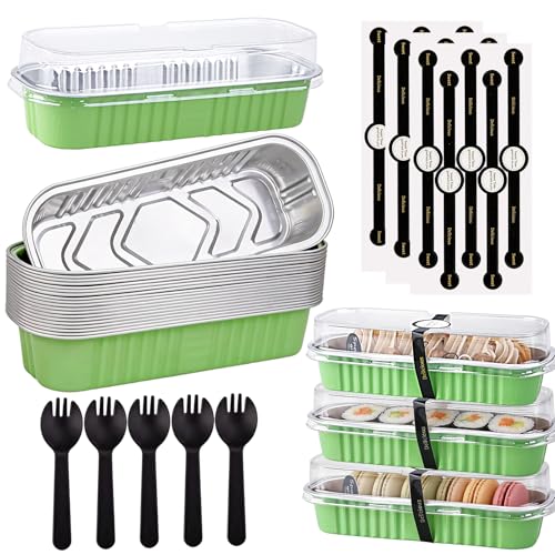24 Pack Mini Loaf Pans, 7.5oz Mini Cake Pan & Mini Cupcake Pan Set – Disposable Aluminum Baking Pans with Lids, Spoons & Stickers, Premium Sturdy Gift Set for Cakes, Cupcakes, Desserts & Party Treats - color: Green