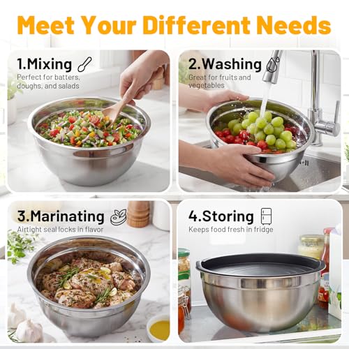 Beasea Mixing Bowls Set of 5, 3.4 QT Unbreakable Stainless Steel Mixing Bowls with Lids for Kitchen, Prepping, Food Serving, Storing, Nesting Metal Baking Bowl with Lid for Bread Dough, Cream, Batter - size: 3.4 QT