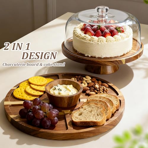 VALESKA Acacia Wood Cake Stand with Dome Lid, 2-in-1 Dessert Table Display Set & Charcuterie Board with 12In Acrylic Lid, Serving Platter, Fruit Platter, Cake Plate - color: Wood