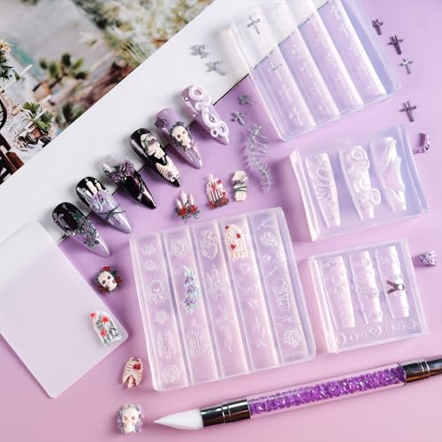 Laza 4pcs Gothic Silicone Nail Art Molds 3D Skull Rose Shaped Nail Molds - color: Skull rose
