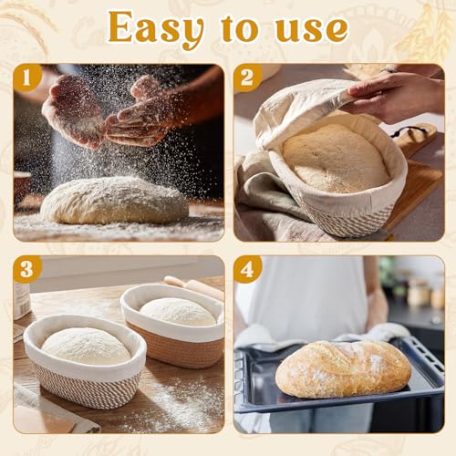 4 Pcs 10 Inch Cotton Rope Banneton Bread Proofing Basket Set Oval Banneton Basket Sourdough Bread with Liners Covers for Baking Supplies (Earth Tones) - color: Earth Tones, size: 10 Inch