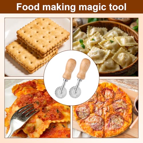 2pcs Fluted Pastry Cutter Wheels, Zinc Alloy Short Ravioli & Pasta Crimper Cutter with Wooden Handle Dough Roller Cracker Maker Tool for Home Kitchen Pizza Cookies Pie Crust Dumplings