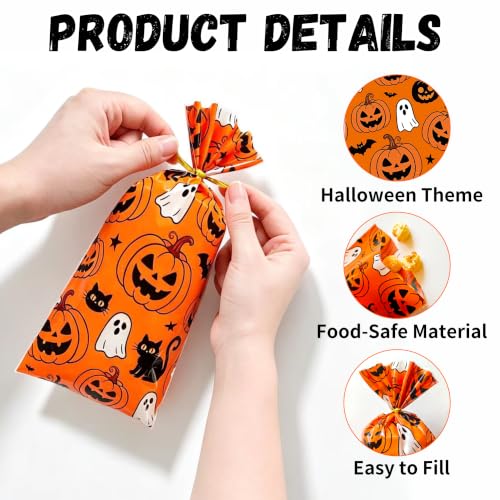 100 Pcs Halloween Treat Bags with 110 Gold Twist Ties - 5x11 Inches Halloween Cellophane Bags for Candies, Snacks, Party Favors & Gift Packaging, 2.8 Mil Thick Plastic Halloween Goodie Bags for Kids - color: Halloween 100pcs（5 Design）