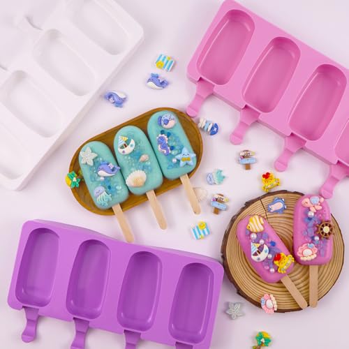 3pcs Cake Pop Molds, Silicone Popsicle Molds with Lids Ice Cream Bar Mold - color: Purple