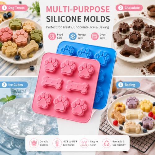 2 Pcs Dog Treat Molds Silicone with Puppy Dog Paw and Bone Shaped 2 in 1，Easy Release – Non-Stick Molds for Homemade Dog Treats, Pudding, Peanut Butter & Baking Biscuits - color: 2pc-Bone & Paw Shapes