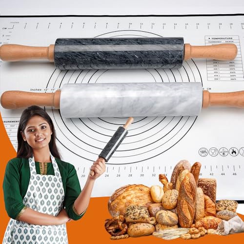 18.5 inches Marble Rolling Pin,Large Non-Stick Dough Roller,for making pizza, cookies,pie crusts, and pasta.with Silicone Pastry Mat,Stainless Steel Scraper,and Small Wooden Roller Pin(Black) - color: Black-2