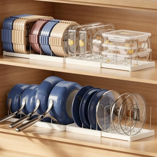 Magheo 2 Pack Expandable Food Storage Container Lid Organizers, 31.3" Pots and Pans Organizer Under Cabinet with 12 Adjustable Dividers Pot and Pan Lid Holders Rack Inside Cabinet(White) - color: White, size: (2 Pack)31.3"D x 7.9"W x 5.9"H