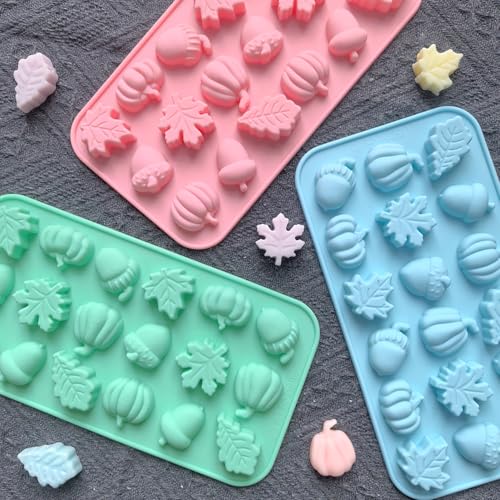 3Pcs 18-Cavity Autumn Harvest Themed Silicone Mold 3D Pumpkin Maple Leaf Chestnut Shaped Chocolate Biscuit Candy Mold, Thanksgiving Silicone Molds for Cake Decoration
