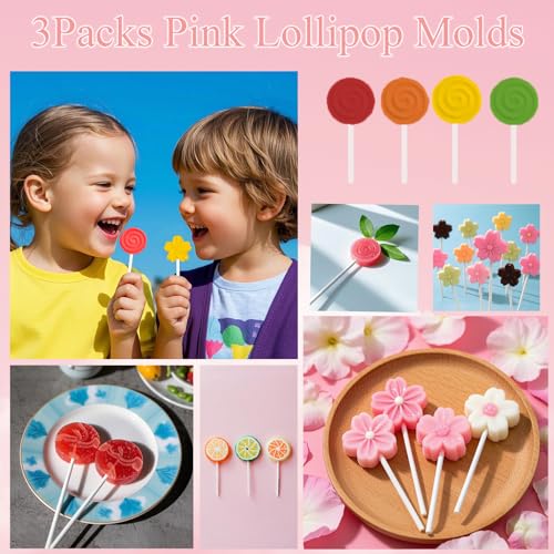 303Pcs Lollipop Mold Kit, CHELIZIYA 3 Shapes Pink Silicone Candy Molds