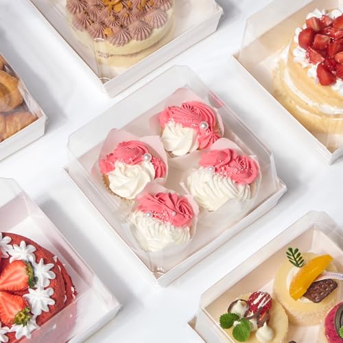 ZORRITA Paper Cake Boxes with Clear Lids, 7" x 7" x 4", 20 Pack, White - color: White