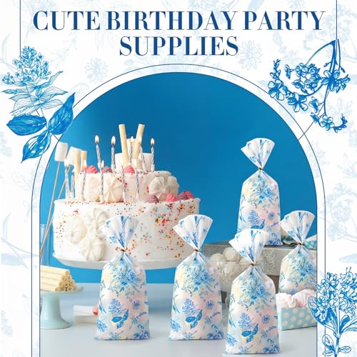 Sweetude 100 Pcs Cellophane Bags Candy Gift Bag Wildflower Party Favor - style: Blue and White Porcelain